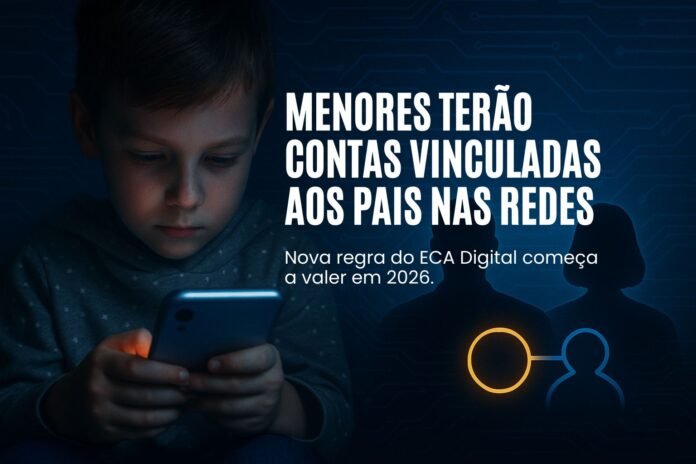 Criança usando celular com fundo digital representando conexão com responsáveis.