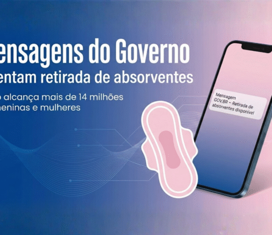 Governo envia mensagens sobre retirada de absorventes no país Arte mostra celular com notificação do GOVBR sobre retirada de absorventes e ilustração de absorvente ao lado.