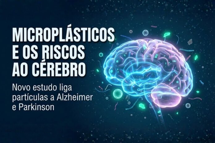 Microplásticos flutuando ao redor de um cérebro humano iluminado, representando riscos neurológicos.