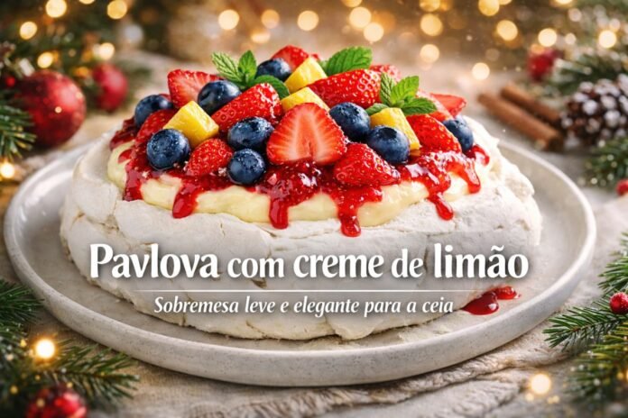 Pavlova com creme de limão e frutas vermelhas decorada para a ceia de Natal