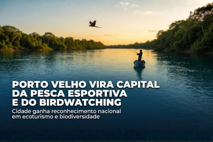 Pescador no Rio Madeira e ave em voo representam Porto Velho como Capital da Pesca Esportiva e da Observação de Aves