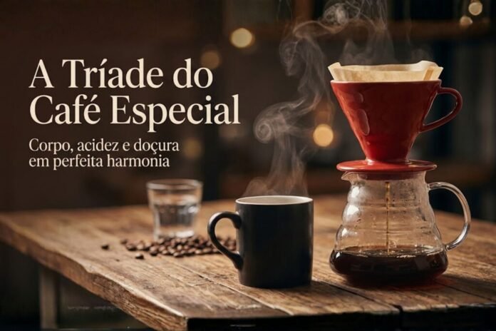 Cena ilustrativa de café especial com coador, vapores e xícara em ambiente aconchegante