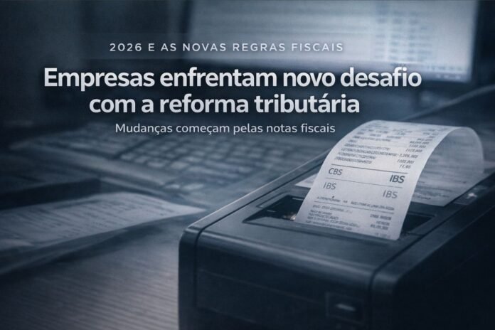 Nota fiscal sendo emitida em impressora térmica simboliza adaptação das empresas às novas regras da reforma tributária em 2026
