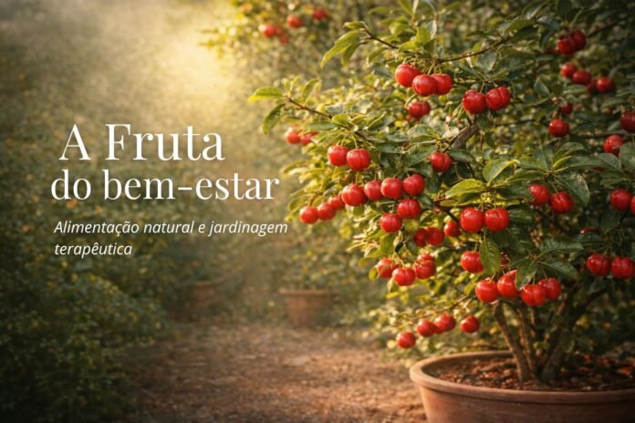 Aceroleira em vaso com frutos maduros simbolizando acerola e jardinagem terapêutica para bem-estar e alimentação natural.
