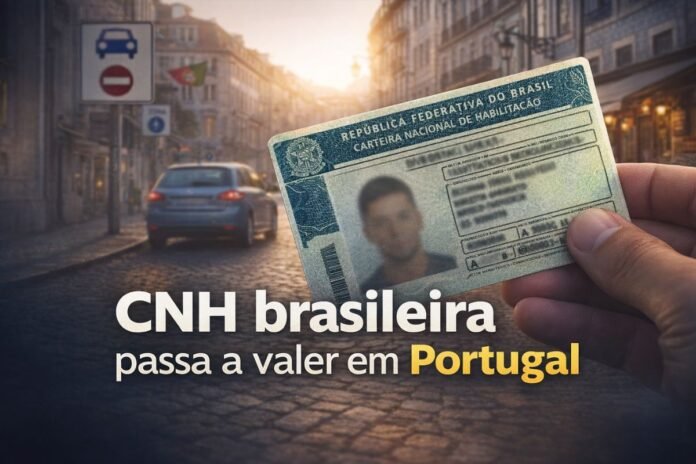 CNH brasileira sendo apresentada em rua de Portugal após nova regra que autoriza brasileiros a dirigir no país
