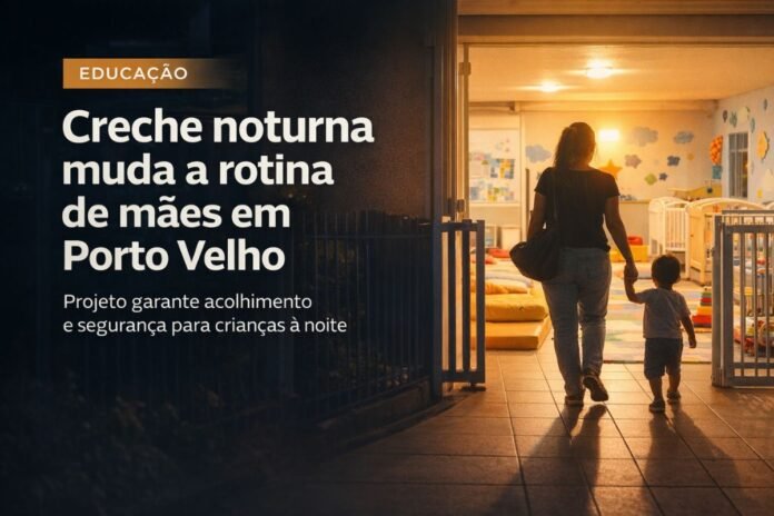 Mãe caminha com filho em creche noturna iluminada em Porto Velho, destacando acolhimento e segurança no período noturno.