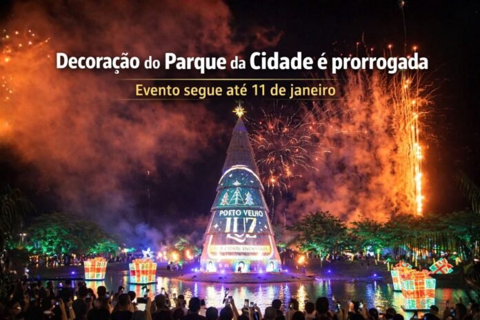 Decoração do Parque da Cidade iluminada em Porto Velho durante evento prorrogado