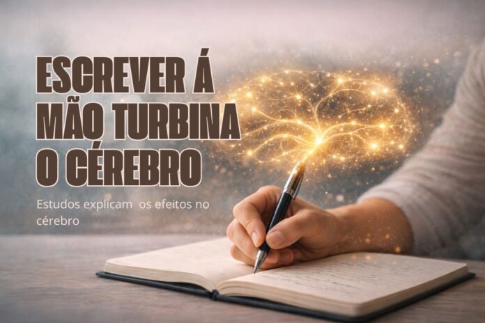 Mão escrevendo em caderno enquanto conexões neurais simbolizam a ativação do cérebro