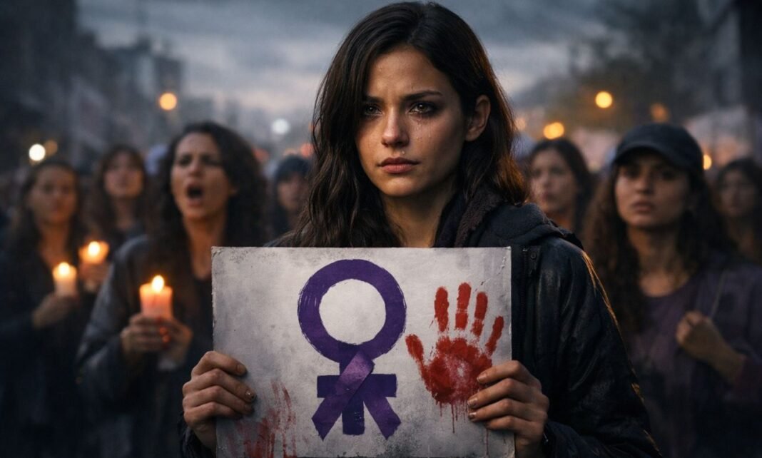 Mulher em protesto contra o feminicídio simboliza recorde histórico de assassinatos de mulheres no Brasil em 2025