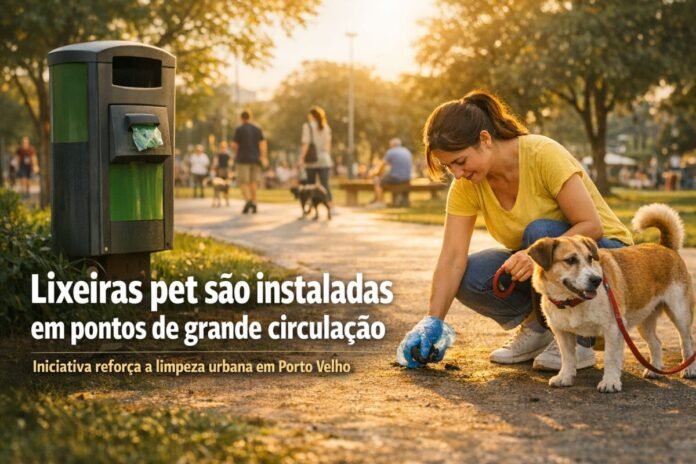 Tutora recolhe dejetos de cachorro em parque de Porto Velho ao lado de lixeira pet instalada pela Prefeitura.