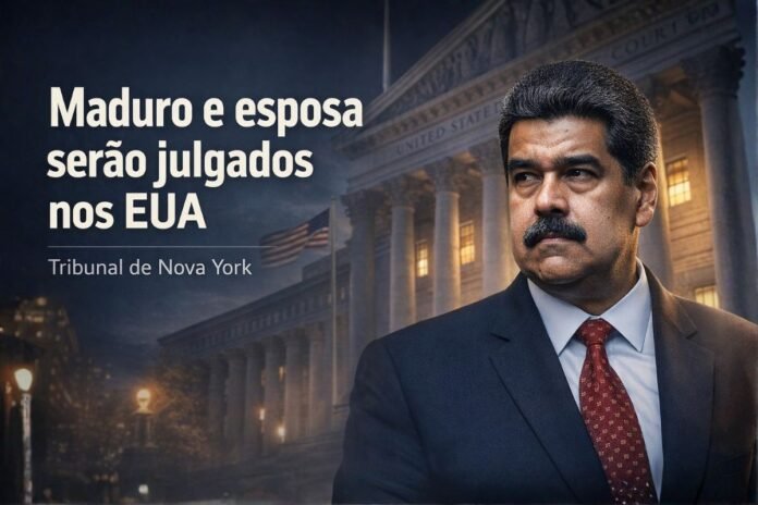 Maduro em destaque com tribunal de Nova York ao fundo após anúncio de julgamento pela Justiça dos EUA
