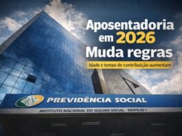 Mudanças na aposentadoria em 2026 elevam idade e contribuição Fachada da Previdência Social com destaque para mudanças na aposentadoria em 2026