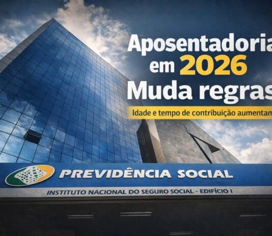 Mudanças na aposentadoria em 2026 elevam idade e contribuição Fachada da Previdência Social com destaque para mudanças na aposentadoria em 2026