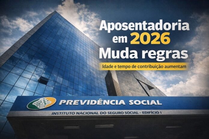 Fachada da Previdência Social com destaque para mudanças na aposentadoria em 2026
