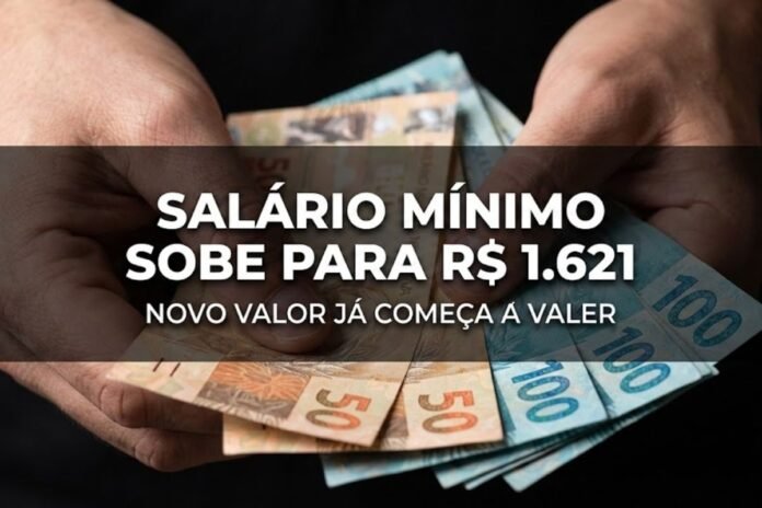 Mãos segurando cédulas de real ilustram o novo salário mínimo de R$ 1.621 em vigor em 2026.