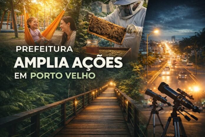 Ações da Prefeitura de Porto Velho em diversas áreas Montagem com parque revitalizado, trilha na floresta, apicultura e iluminação urbana em Porto Velho