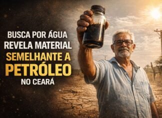 Agricultor descobre material semelhante a petróleo ao buscar água no Ceará Agricultor segura frasco com material semelhante a petróleo encontrado em poço no Ceará