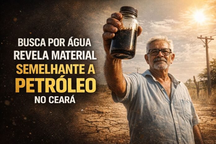 Agricultor segura frasco com material semelhante a petróleo encontrado em poço no Ceará
