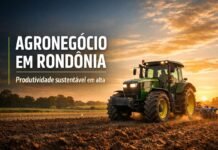 Dia do Agronegócio reforça foco do governo de Rondônia em produtividade sustentável Trator moderno preparando o solo ao amanhecer representando o agronegócio em Rondônia e produtividade sustentável
