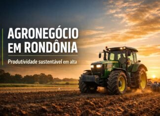 Dia do Agronegócio reforça foco do governo de Rondônia em produtividade sustentável Trator moderno preparando o solo ao amanhecer representando o agronegócio em Rondônia e produtividade sustentável
