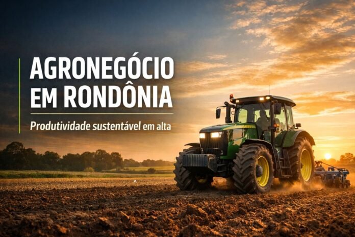 Agronegócio em Rondônia Trator moderno preparando o solo ao amanhecer representando o agronegócio em Rondônia e produtividade sustentável
