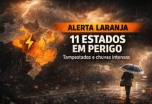 Alerta laranja deixa 11 estados em perigo por tempestades Mapa do Brasil com áreas em alerta laranja para tempestades e chuvas intensas