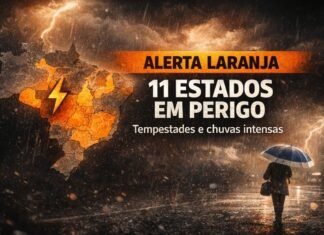 Alerta laranja deixa 11 estados em perigo por tempestades Mapa do Brasil com áreas em alerta laranja para tempestades e chuvas intensas