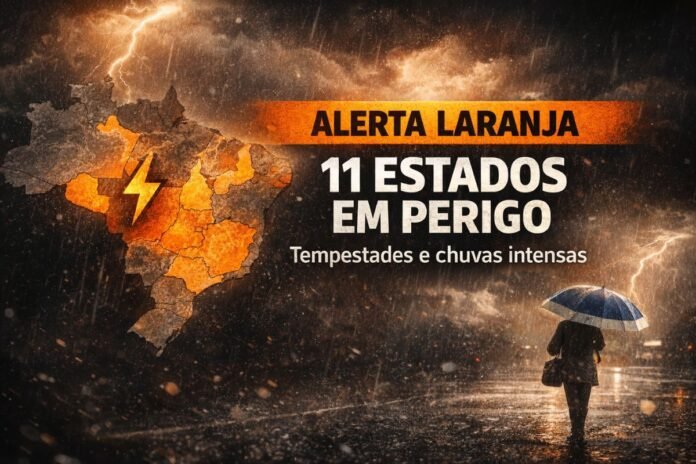 Mapa do Brasil com áreas em alerta laranja para tempestades e chuvas intensas