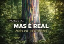 Parece IA, mas não é: árvore arco-íris é real e espetacular Tronco multicolorido da árvore arco-íris em floresta tropical