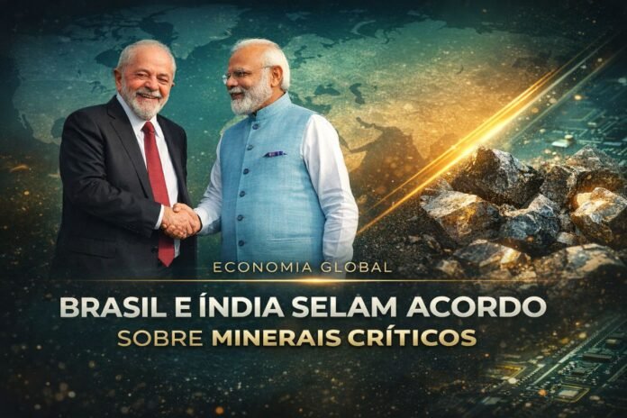 Lula e Narendra Modi durante assinatura de acordo sobre minerais críticos entre Brasil e Índia