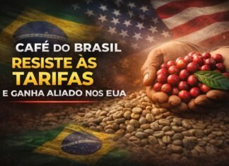Café do Brasil tem no consumidor americano o maior aliado contra tarifas Café do Brasil resiste às tarifas dos EUA com grãos e bandeiras ao fundo simbolizando tensão comercial