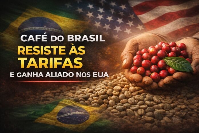 Café do Brasil resiste às tarifas dos EUA com grãos e bandeiras ao fundo simbolizando tensão comercial