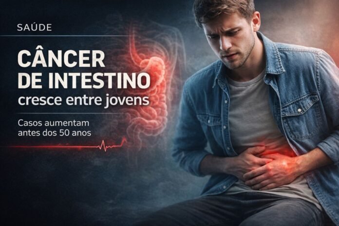 Câncer de intestino cresce entre jovens Jovem com dor abdominal representando aumento de câncer de intestino entre jovens