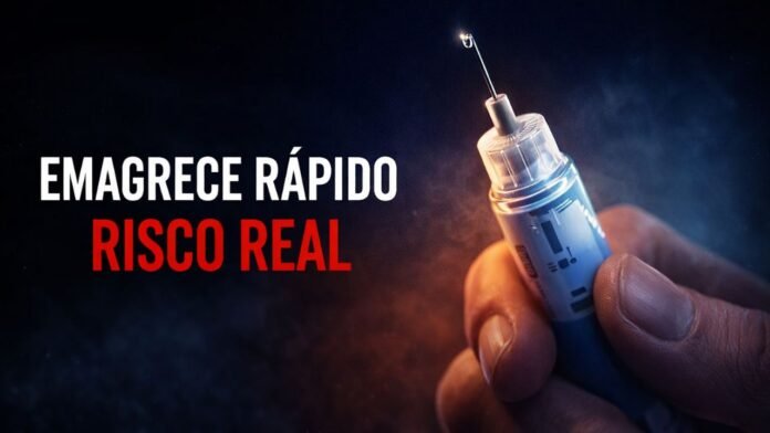 Efeitos colaterais das canetas emagrecedoras Caneta injetável usada para emagrecimento com destaque para alerta sobre efeitos colaterais