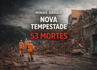Nova tempestade em Minas eleva mortes para 53 Bombeiros caminham entre escombros após deslizamento causado por fortes chuvas em Minas Gerais