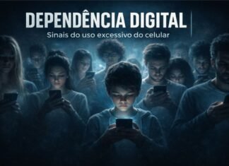 Dependência digital: sinais de alerta do uso excessivo do celular Grupo de pessoas olhando para o celular em ambiente escuro simbolizando dependência digital