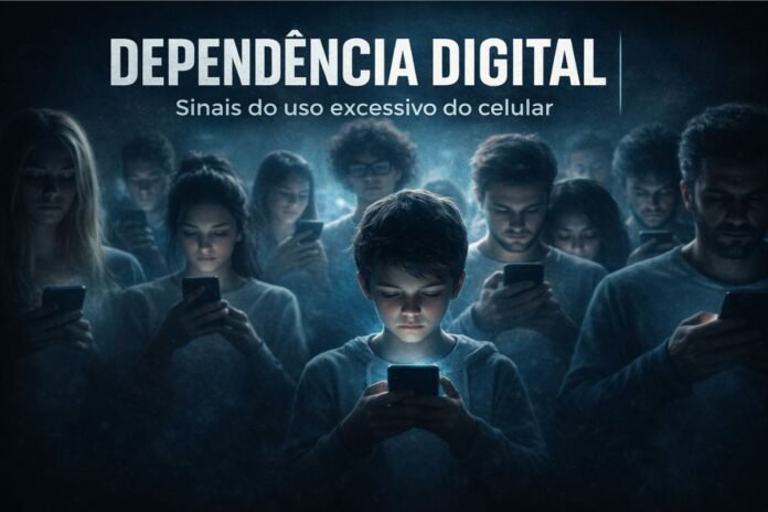 Grupo de pessoas olhando para o celular em ambiente escuro simbolizando dependência digital