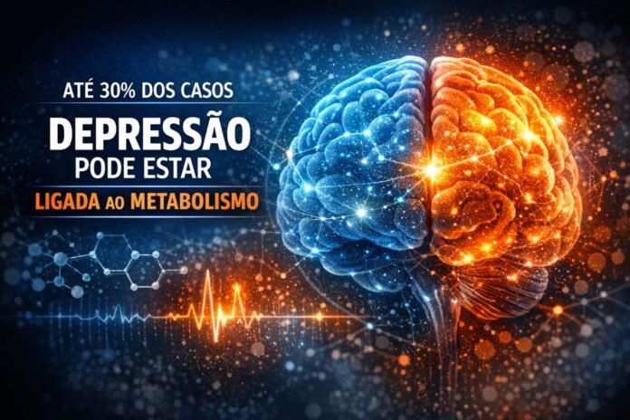 Ilustração científica de cérebro iluminado em azul e laranja representando a ligação entre depressão e metabolismo
