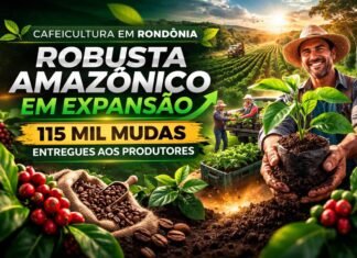 Expansão da área plantada de café avança com 115 mil mudas em RO Produtor rural segura muda de café Robusta Amazônico durante entrega de 115 mil mudas em Rondônia