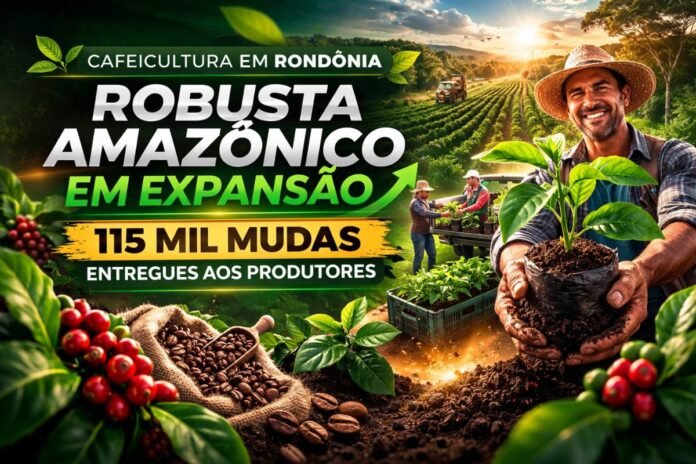 Produtor rural segura muda de café Robusta Amazônico durante entrega de 115 mil mudas em Rondônia