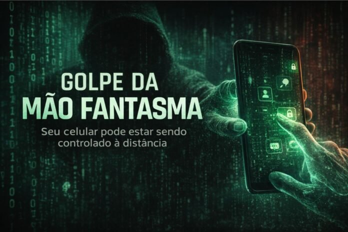 Ilustração mostra criminoso controlando um celular à distância no chamado Golpe da Mão Fantasma