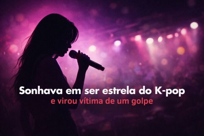 Jovem em silhueta com microfone simboliza vítimas de golpe no K-pop em academias privadas na Coreia do Sul