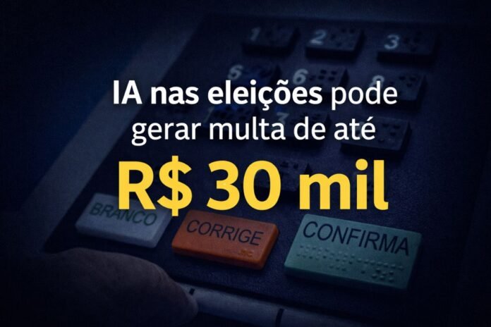 Urna eletrônica com destaque para multa de R$ 30 mil por uso de inteligência artificial irregular nas eleições de 2026