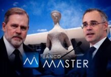 Após Toffoli deixar relatoria, caso Master no STF pode mudar com Mendonça Investigação do Banco Master no STF com Toffoli à esquerda, André Mendonça à direita e estátua do Supremo ao centro