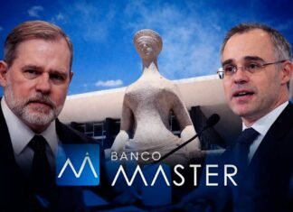 Após Toffoli deixar relatoria, caso Master no STF pode mudar com Mendonça Investigação do Banco Master no STF com Toffoli à esquerda, André Mendonça à direita e estátua do Supremo ao centro