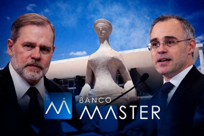 Investigação do Banco Master no STF com Toffoli à esquerda, André Mendonça à direita e estátua do Supremo ao centro