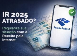Não declarou o IR em 2025? Saiba como regularizar sua situação com a Receita IR 2025 em atraso no celular com logo da Receita Federal