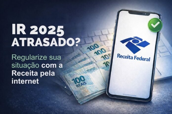 IR 2025 em atraso no celular com logo da Receita Federal