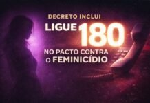 Decreto inclui o Ligue 180 no Pacto Nacional contra o Feminicídio Arte destaca o Ligue 180 integrado ao Pacto contra o Feminicídio com silhueta feminina e número 180 em evidência.