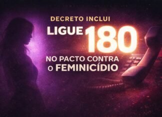 Decreto inclui o Ligue 180 no Pacto Nacional contra o Feminicídio Arte destaca o Ligue 180 integrado ao Pacto contra o Feminicídio com silhueta feminina e número 180 em evidência.